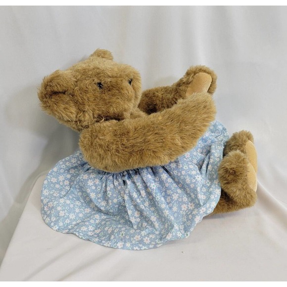 Vtg Vermont Teddy Bear Company Jointed Tan Light Brown Bear in Blue Floral Dress - Picture 2 of 9